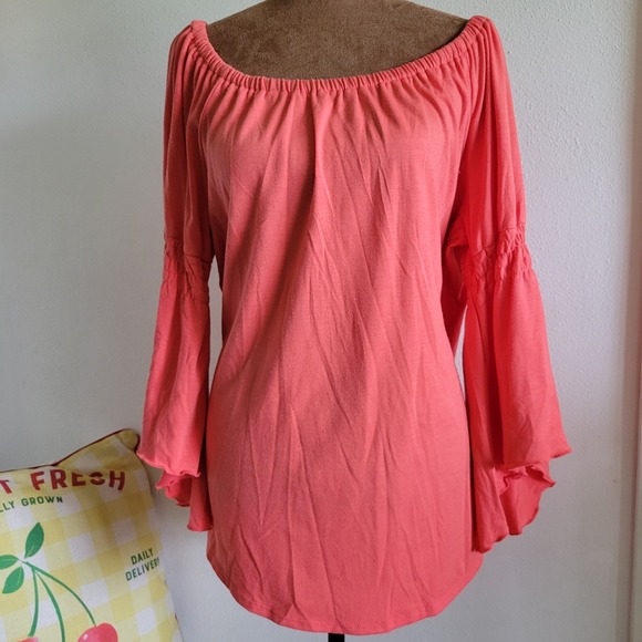 Notations Tops - Notations Coral Pink Off The Shoulder Bell Sleeve Festival Peasant Womens Large